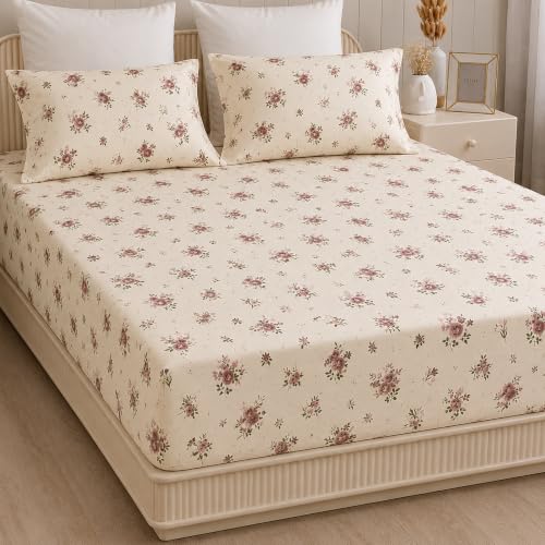 Image of HOMEMONDE King Size Elastic Bedsheet, 100% Pure Cotton Fitted Bedsheet with Two Pillow Covers |186 TC |Premium Gift Box Included (78 x 72 Inches Up to 8-Inch Mattress, Blush Garden)