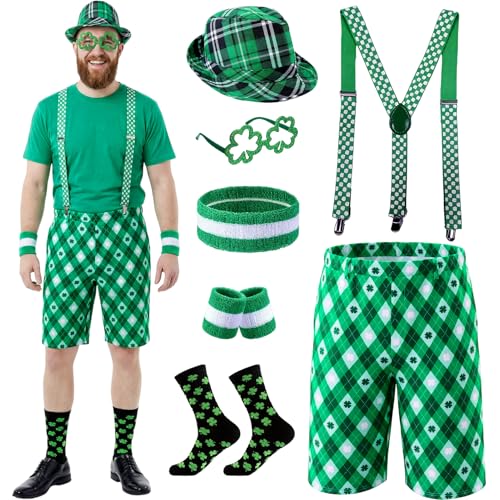 St. Patrick’s Day Leprechaun Costume Set for Men, Shamrock Shorts with Suspenders, Green Hat, Socks & Glasses (Medium)