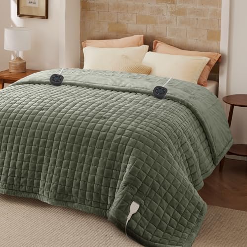 Image of Bedsure Luxury Quilted Heated Blanket King, Thick Electric Blanket, Green