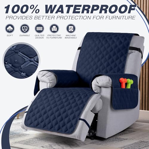 Image of TAOCOCO 100% Waterproof Recliner Covers, Recliner Sofa Covers with Leg Straps, Reversible Recliner Couch Cover for Reclining Chair, Washable Couch Protector for Pets Kids(1 Seater 28 inch, Dark Blue)