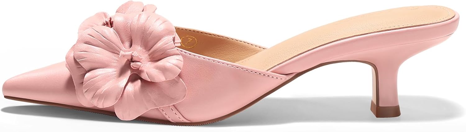 Coutgo Womens Mules Kitten Heels Closed Pointed Toe Pumps Flower Slip On Party Dress Shoes