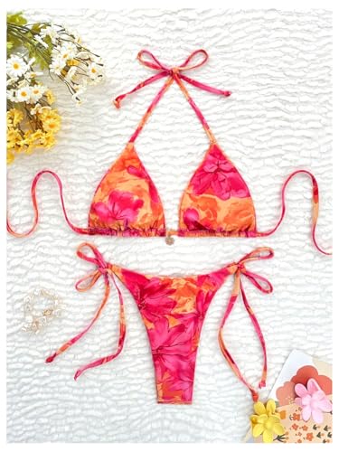 Verdusa Women's 2 Piece Boho Floral String Bikini Set Halter Triangle High Cut Swimsuit2