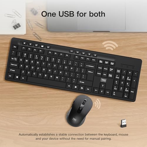 Image of TAG KBWM1000 Black Wireless Keyboard & Mouse Combo Kit with USB 2.4Ghz Nano Receiver, Linear Chiclet Keys, Upto 10M Clicks, Full 104 Keys & 10 Multimia Keys, 6 Buttons Mouse, for Windows /Mac /Linux