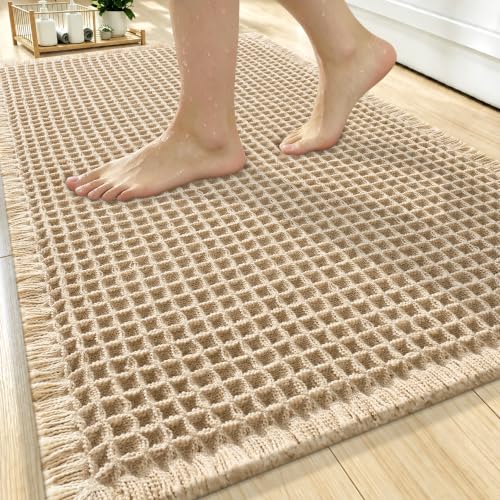 OLANLY Upgraded Waffle Bath Mat 30x20, Non Slip Boho Bathroom Rugs, Brown - image 1