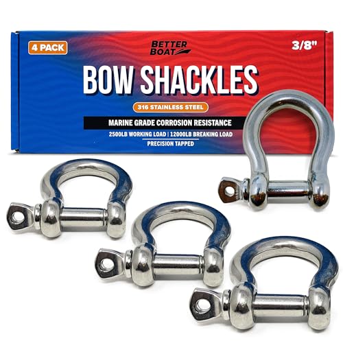 Premium Stainless Steel D-Ring Shackles, Marine Grade, 4-Pack, 3/8