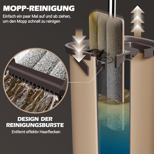 MASTERTOP Wischmopp Set mit Eimer, 2 in 1 Bodenwischer mit Einstellbar Edelstahlgriff und 6 Mikrofaser Moppkopf, Hand-Frei Wischmop & Putzeimer mit auswringfunktion für Hartholz Laminat Fliesen – Bild 5