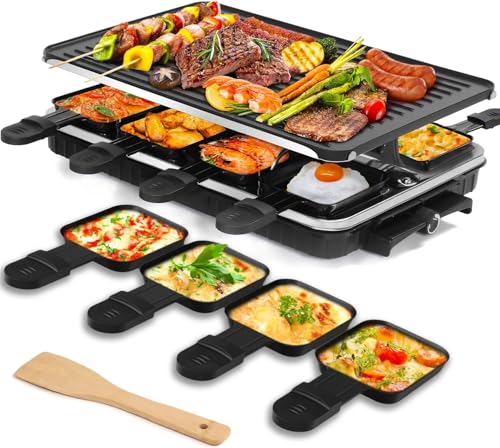 Angju Electric Indoor Grill Table BBQ Grill 2 in 1 Electric Griddle Nonstick Electric Raclette Grill with 8 Raclette Pans Adjustable Temperature 1300W Reversible Smokeless for Indoor Family Party