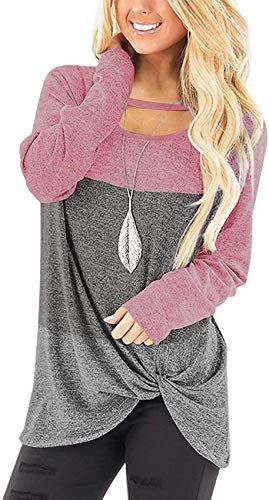 Angerella Knotted Shirt for Women Criss Cross V Neck Blouse Criss Cross Long Sleeve Color Block Tops Pink-Grey XL