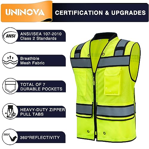 Uninova Safety Vest Reflective High Visibility Vest With Pockets And Zipper, Class 2 Mesh Safety Vest Construction Work Vest Surveyor Safety Vest For Men Women(Neon Yellow,Large) #TOP1