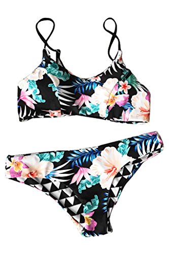 SEASELFIE Tow Piece Reversible Push Up Padding Bikini Swimwear Floral and Geometry Printing