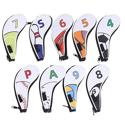 Keenso Golf Iron Cover,9Pcs Number Tag Golf Iron Covers Sleeve Digital Zipper Sport Pattern Protective PU Golf