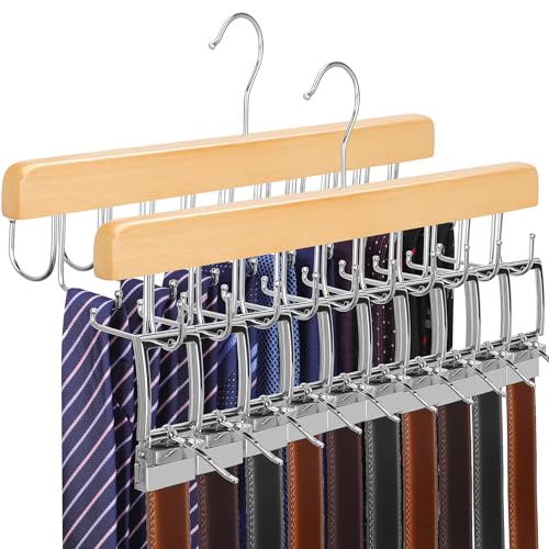 TOPIA HANGER 2 en 1 Cintres Bois pour Cravates et Ceintures,20 Crochets,Cintre Porte Cravate Bois,Cintre à Ceinture pour Organiseurs et Rangement,U pour...