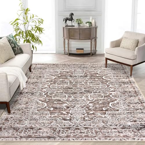 KUTA Area Rug 5x7 Brown, Vintage Washable Rugs for Living Room Ultra Soft Non-Slip Printed Distressed Tribal Traditional Farmhouse Carpet for Bedroom Dining Room Dorm Office Home Decor