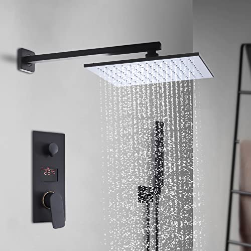 Sistema de ducha empotrado, 12 pulgadas, color negro, sistema de ducha de lluvia, sistema LED mate, moderno juego de ducha de aire de 30 x 30 cm, cabezal de ducha cuadrado de acero inoxidable y latón