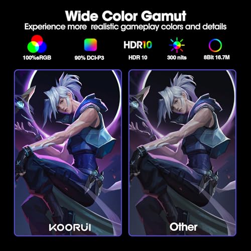 KOORUI 24.5 Zoll Gaming Monitor, QHD(2560x1440), 165Hz, 1ms, IPS, AdaptiveSync, Höhenverstellbar, VESA 75x75mm, Eye Care, HDMI, DisplayPort, Schwarz – Bild 6