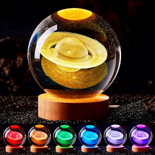 DIGFPWT 3.15 inch Saturn Crystal Ball lamp,3D K9 Solar System Crystal Ball Night Light with Wooden Base,16 Colors Change with Remote Control,Planet Model (Saturn)