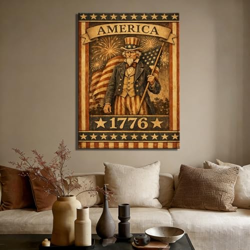 Image of Made in USA Vintage Patriotic Uncle Sam 1776 Wall Art, American Flag Canvas Prints, 4th of July Independence Day Decor for Living Room, Bedroom, Kitchen & Holiday, Framed