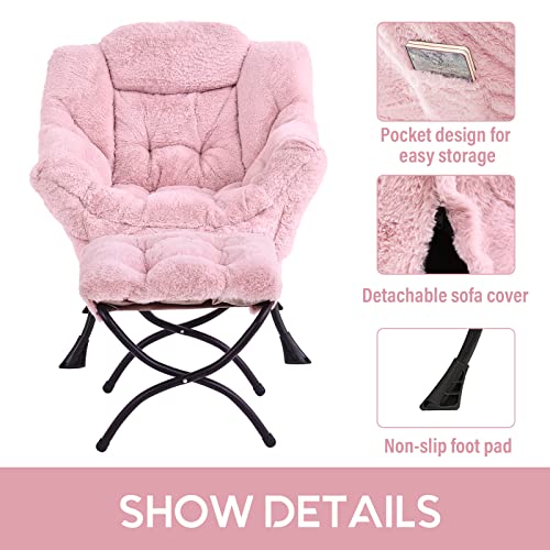 Image of LITA Lazy Chair with Ottoman, Modern Accent Leisure Upholstered Sofa, Contemporary Lounge Reading Chair with Armrests and a Side Pocket for Living Room, Bedroom & Small Spaces, Plush Pink