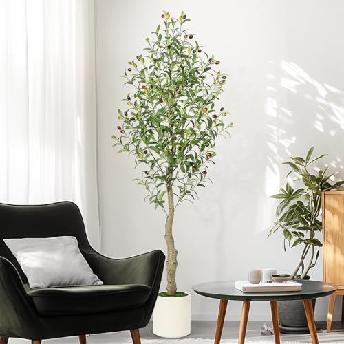 Artificial Olive Tree 5FT Tall Faux Olive Tree Indoor Fake Silk Plant with Realistic Trunk, Leaves, Fruits and White Planter, Faux Potted Tree for Home Decor and Housewarming Gift, 2 Pack