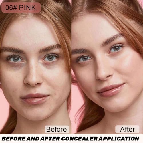 Image of Under Eye Concealer + Brush, 24H Full Coverage Brightening Concealer For Dark Circles, Fine Lines, Anti-Aging Color Correcting Cream - 0.4 fl oz (06#Pink+Brush)