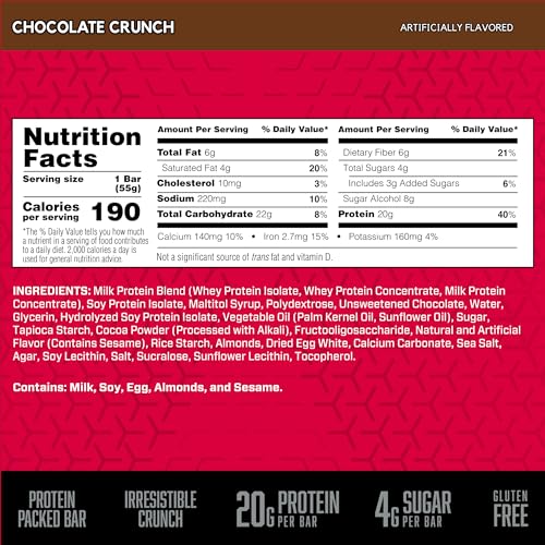 Image of BSN Protein Crisp Bar, Chocolate Crunch, 20 Gram Protein Snack Bars with Whey and Fiber, Gluten-Free Crunchy Energy Bars for Workout, Fitness, On-the-Go, 12 Count