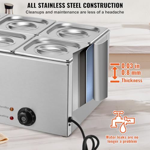 VEVOR kommerzieller Speisenwärmer 13,5 L Speisebehälter 6 x 1/6 Größe, elektrische Warmhalteplatte, 1200 W Profi Buffet-Wasserbad aus Edelstahl, Buffet-Bain-Marie, 30–85 °C Temperaturregelung – Bild 6