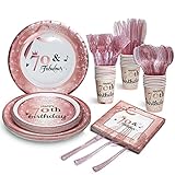 HOMIX 70 and Fabulous Party Plates Napkins Cups Sets Rose Gold with Plastic Cutlery Sets Serves 24 for Women 70th Birthday Party Supplies and Decorations