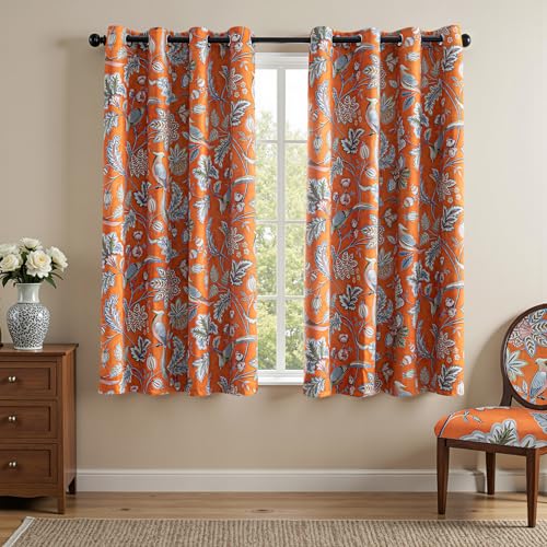 Image of MYSKY HOME Floral Boho Blackout Curtains for Living Room Bedroom 63 inch Long Vintage Curtains with Patterned Bird Design Thermal Insulated Grommet Drapes for Home Decor,2 Panels, 52 inchx 63 inch,Orange