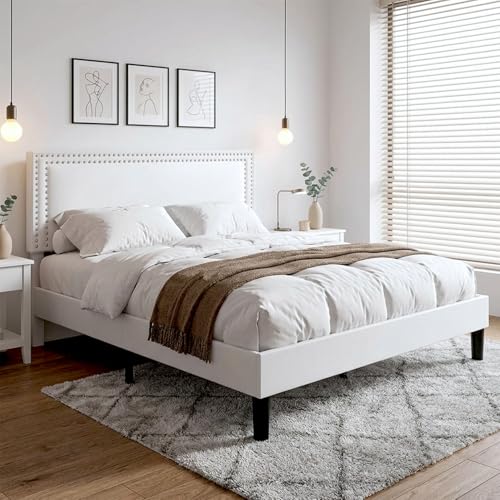 Image of VECELO Queen Size Platform Bed Frame with Height Adjustable Upholstered Headboard, Modern Mattress Foundation,Strong Wood Slat Support, No Box Spring Needed, Easy Assembly,White