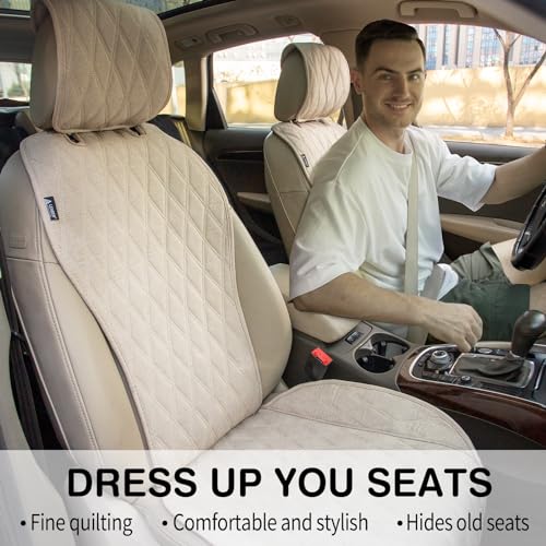 Image of Leader Accessories 2pcs Sideless Front Seat Covers for All Seasons, Beige | Breathable Faux Linen Seat Cushions, Non-Slip Bottom With Headrest Protectors, Universal Fit For Car Van SUV Pickup Truck