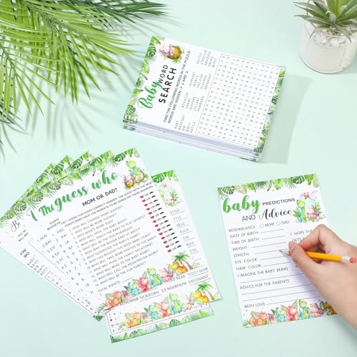 Image of Jetec 302 Pcs Cute Dinosaur Theme Baby Shower Games, 6 Games, 50 Sheets Each, Shower, Word Scramble, Baby Word Search, Predictions and Advice, The Price is Right
