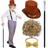 4 Pcs Steampunk Halloween Costume Accessory Prop for Men Tall Brown Top Hat Bow Tie and Gold Wig with Walking Scepter Costume Halloween Costumes for Adult Party Supplies