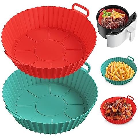 ME.FAN Air Fryer Silicone Liners for 4 to 7 QT [2 Pack] Air Fryer Silicone Liners Pot - Reusable Air Fryer Basket with Handles & Holes - Air Fryer Oven Accessories - Red+Teal Blue Cover