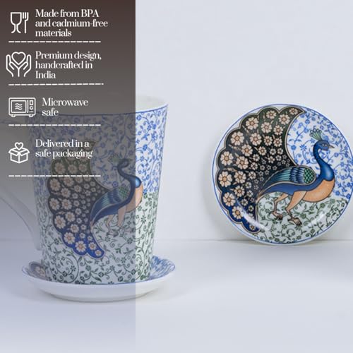 Image of GOLDEN QUEEN'S Mugs & Coaster Set of 2 for Coffee, Tea, Milk - Ideal for Your Daily Beverage Ritual, Hosting & Casual Gatherings | 300ML | Micorwave Safe - Indian Peafowl