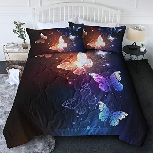 BlessLiving 3 Piece Butterfly Comforter Set Full/Queen Size Purple Blue Butterflies Bedding Set for Girls Women Glowing Butterfly Comforter and Sheet Sets (Full/Queen)