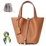 Genuine Leather Bucket Bag for Women: Lock Design Shoulder Handbag Versatile Top-Handle Tote Fashionable Vegetable Basket (Brown)