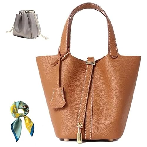 Genuine Leather Bucket Bag for Women: Lock Design Shoulder Handbag Versatile Top-Handle Tote Fashionable Vegetable Basket (Brown)