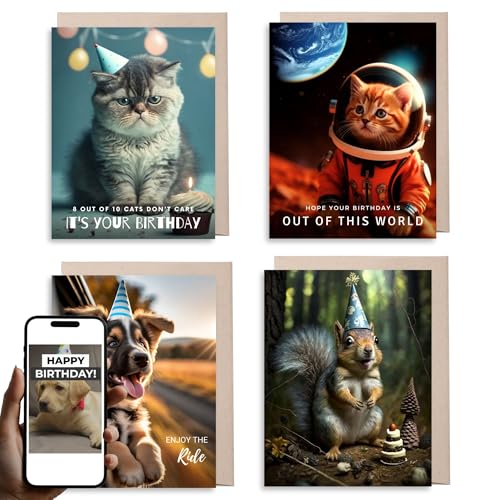 Magic Greetings - Birthday Card 4 Pack - Amazing Augmented Reality Cards - for Kids, Girls, Boys, Mom, Dad, Friends - Easy QR Activation No App Needed - Made in the USA