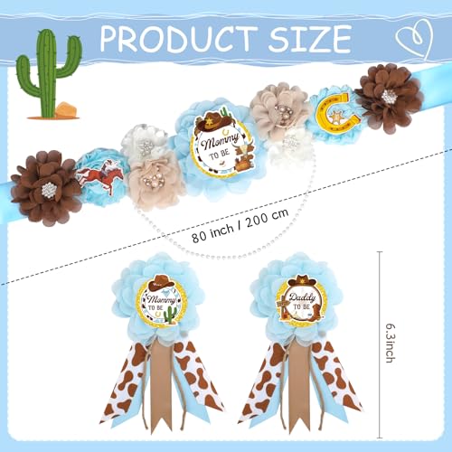 Image of Western Baby Shower Decorations - 3 Pcs A Cowboy Little is on The Way Mom and Dad to Be Sash Badge Pins Sets for Boys Blue Gender Reveal Party Supplies Brown Maternity Corsage Belt Decors