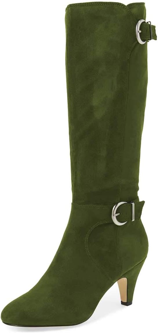 FSJ Women Classic Knee High Long Boots Closed Toe Thick Mid Heels Tall Winter Dress Shoes Size 4-15 US