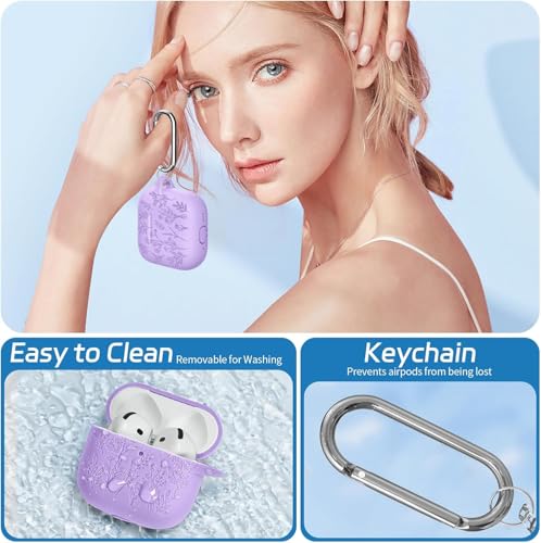 Image of Meyaar Silicone Case for AirPods 4 Floral Embossed, Flower Engraved Soft Silicone Cover with Keychain, Anti-Scratch, Shockproof Protective Case Cover(Purple, for AirPods 4 (2024)