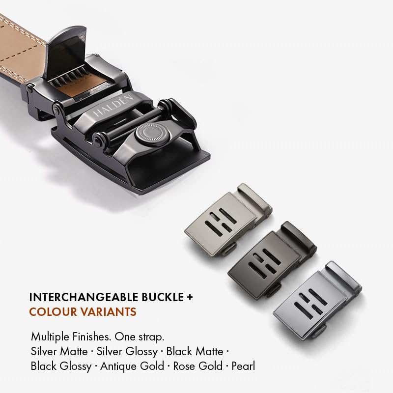 Image of HALDEN BURLEY Belts For Men Leather Original (Free Size Fits Up to 44 Inch Waist) Ratchet Straps, Unique Magnetic Auto-lock Buckle Formal Belts For Men