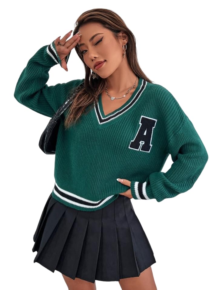 Womens Varsity Style V-Neck Sweater Green Knit with Letter A Patch Long Sleeve Trendy Striped Knit Preppy Style