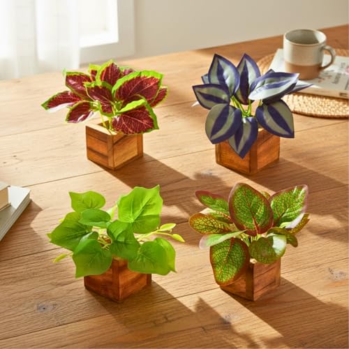 Image of DecoreBugs Artificial Leaves Potted Plants in Wooden Pot (4 Pack) Money Plant | Small Plants for Home Decor | Office Decor