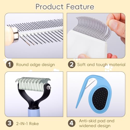 Image of All-in-One Pet Grooming Kit - Long Hair Cat Grooming Kit & Dog Set, Includes Double-Sided Comb, Shedding Comb, 2 Knotting Combs & Massaging Comb