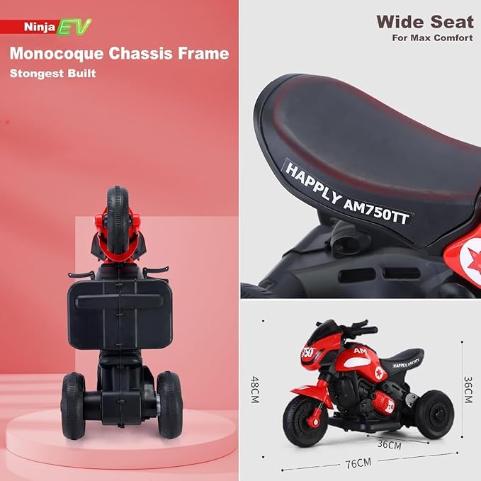 Image of Ninja Ev Kids Battery Operated Bike Rechargeable Ride on for Boys and Girls with Music and Lights, Forward and Backward Gear, Built in MP3 Player Baby Bike with USB Port (RED)