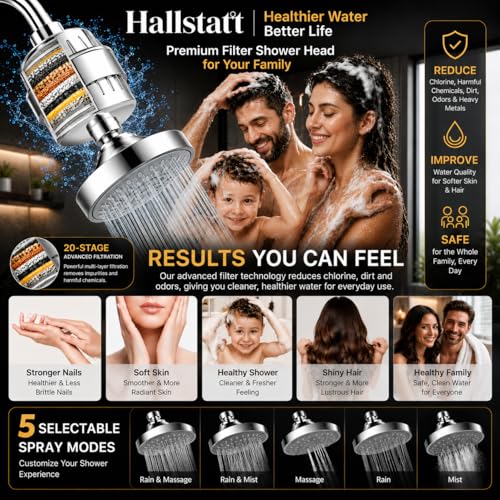 Image of Hallstatt 20 Stage Showerhead Filter | 5 Spray Modes, Water Saving Design, Reduce Hair Fall, Protects Skin, Remove Chlorine and Harmful Chemicals