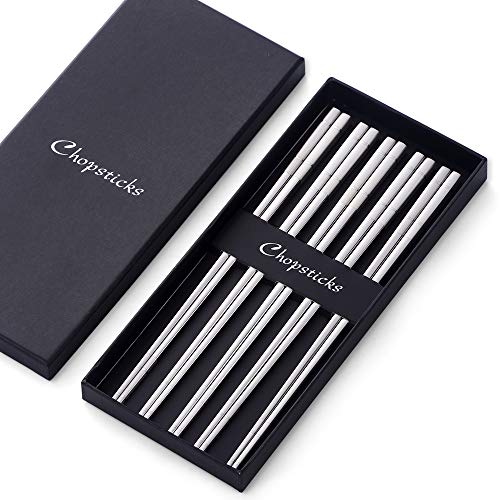 Bisda Reusable Chopsticks Set, Stainless Steel Dinner Kitchen Flatware Utensils Sets of 5 (Set of 5, Silver)