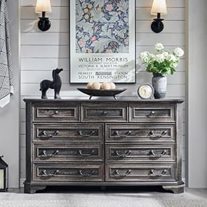 T4tream farmhouse 9 drawers dresser for bedroom 54 wide wood rustic chest of drawers with natural texture vintage design storage dressers organizer for bedroom living room dark rustic oak  urban country home decor