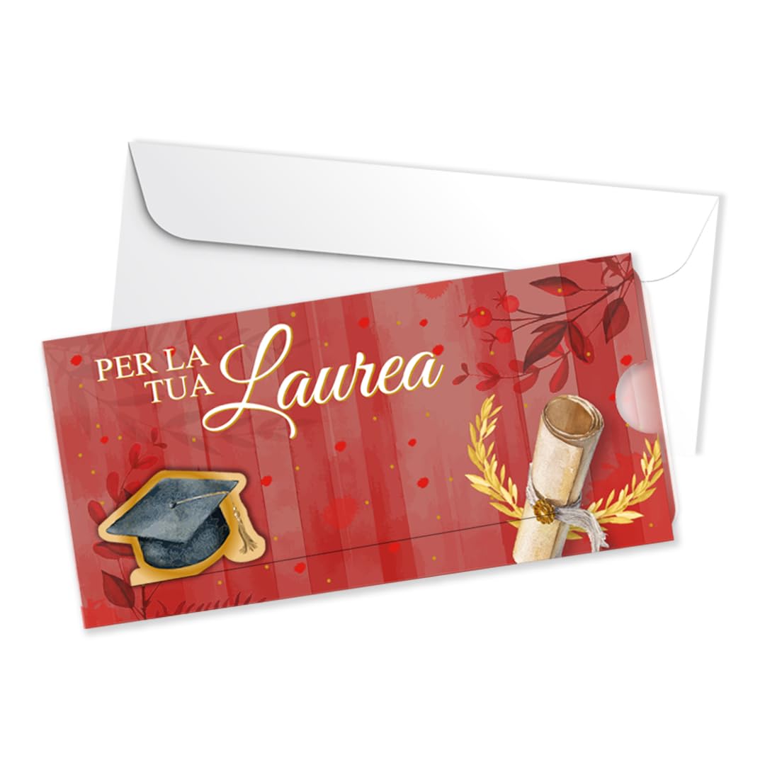 LINA OFFICINE GRAFICHE CREATIVE Graduation Card with Envelope - Elegant Design in Red and Gold - Space for Personalised Message
